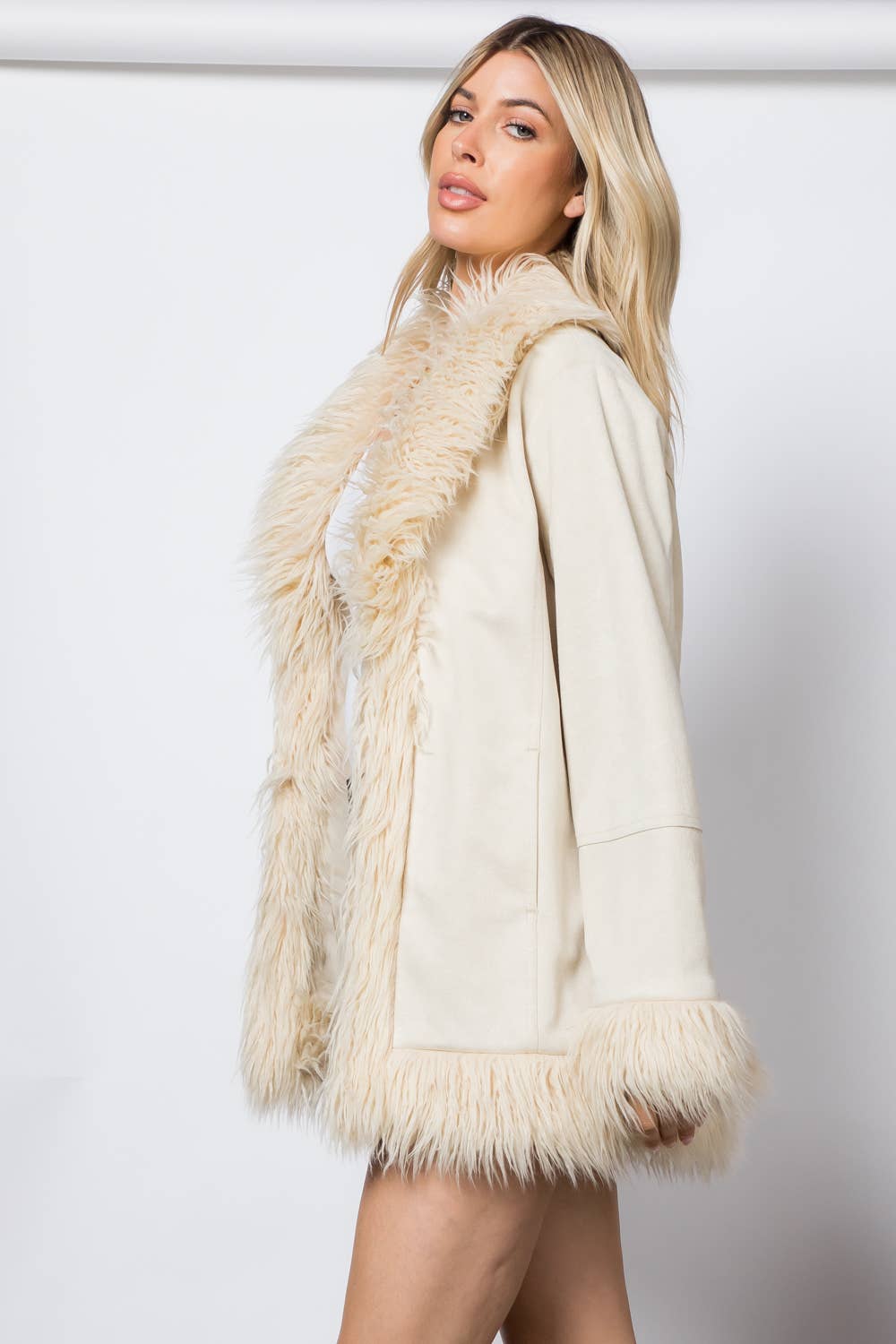 Shaggy Fur Open Front Mid Length Jacket: Ivory / M