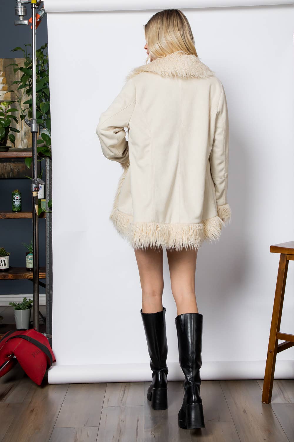 Shaggy Fur Open Front Mid Length Jacket: Ivory / M